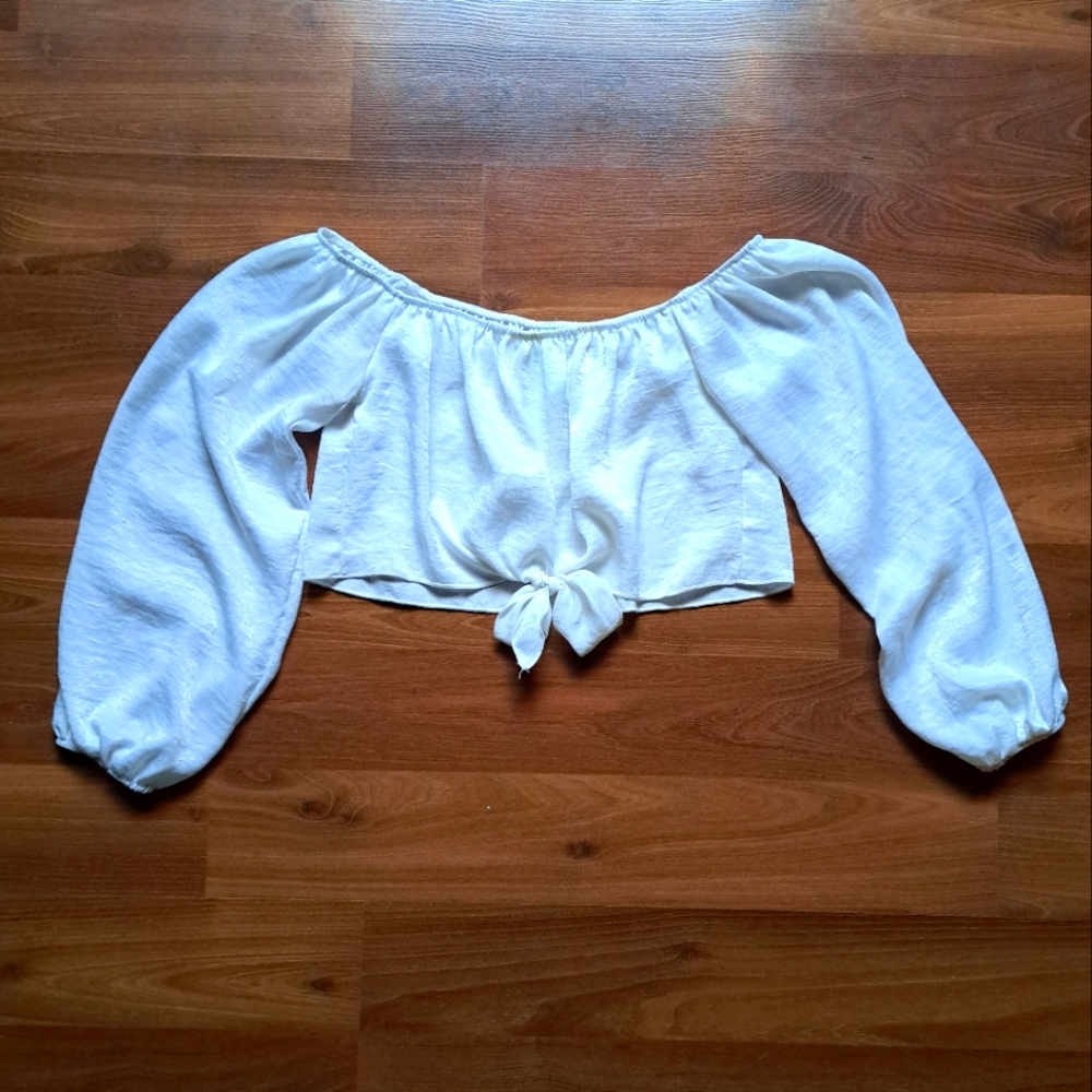 Dainty White silky Peasant off shoulder Crop Top bow detail